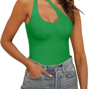 💕 REORIA Women's Plunge One Shoulder Green Tank Bodysuit Size Small New